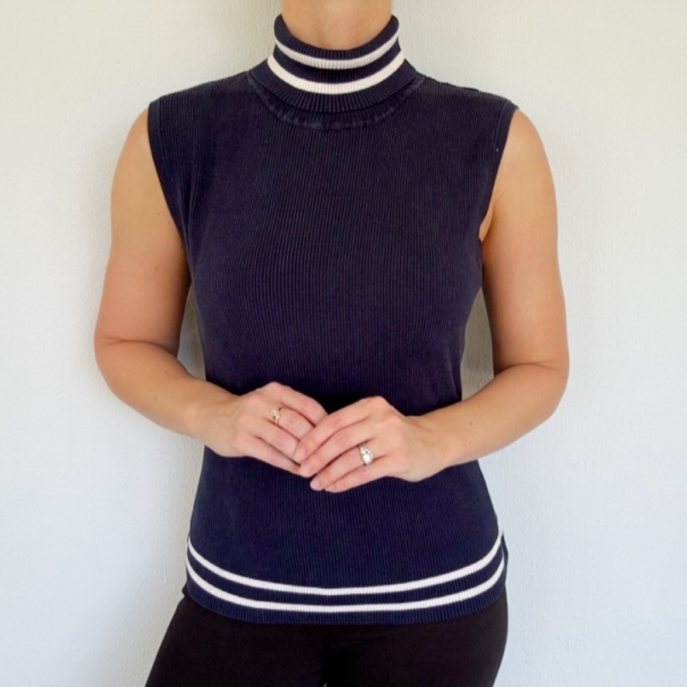 Vintage Peck & Peck silk navy ribbed knit sleeveless turtleneck sweater large